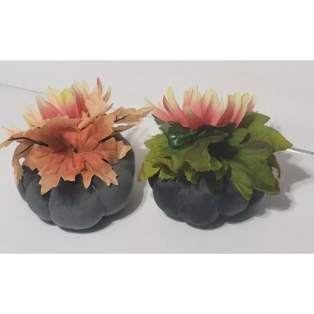 2 Gray Velvet Fabric Pumpkin Fall Floral Arrangements Home Centerpiece Decor